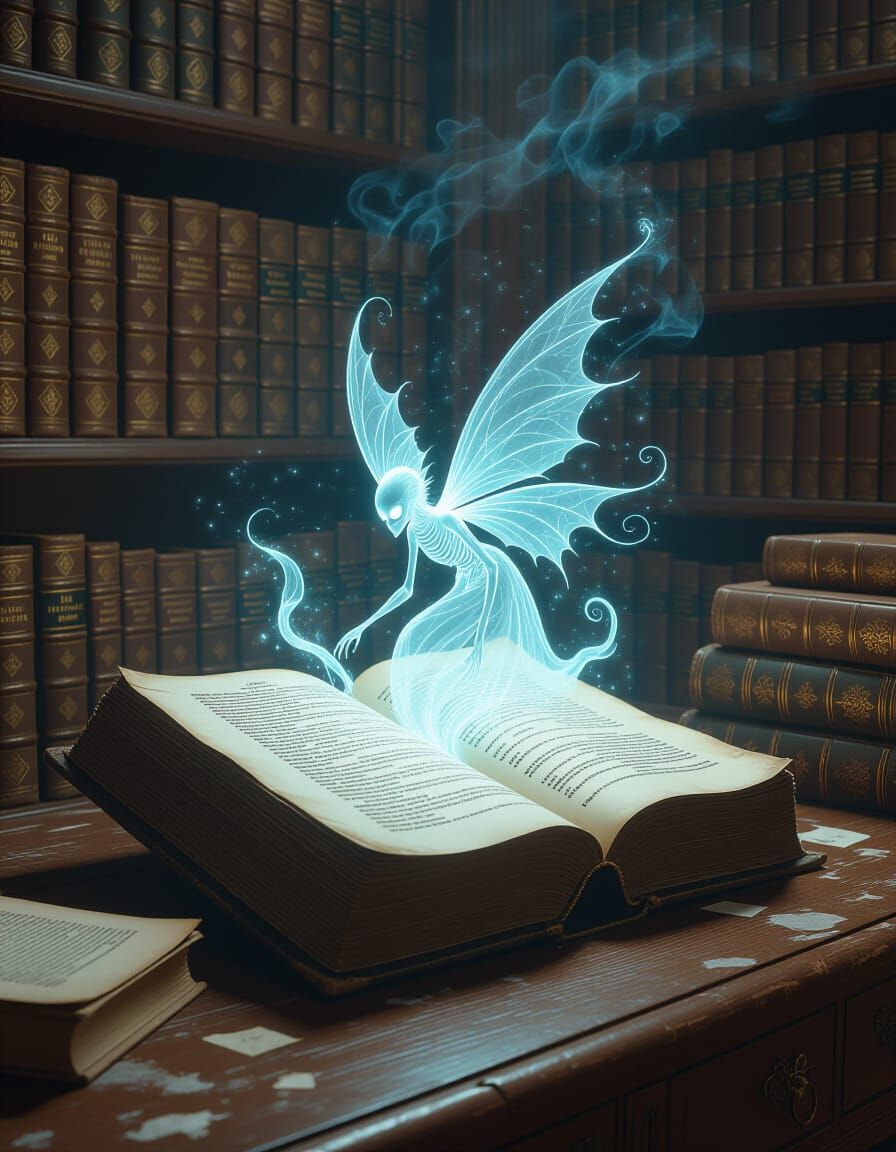 Ethereal Creature Emerges from Ancient Tome in Magical Study