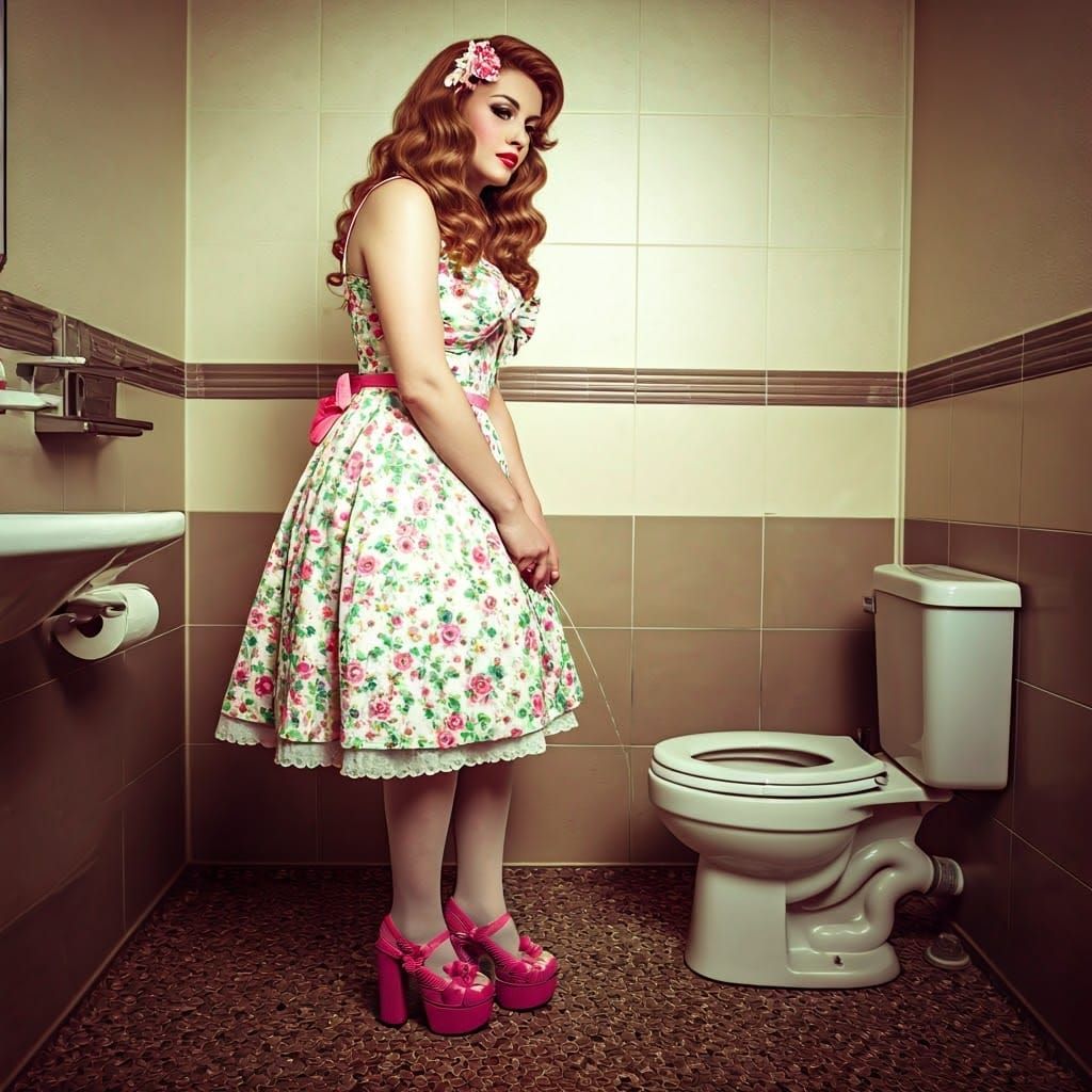 Retro Style Woman in Sundress on Toilet
