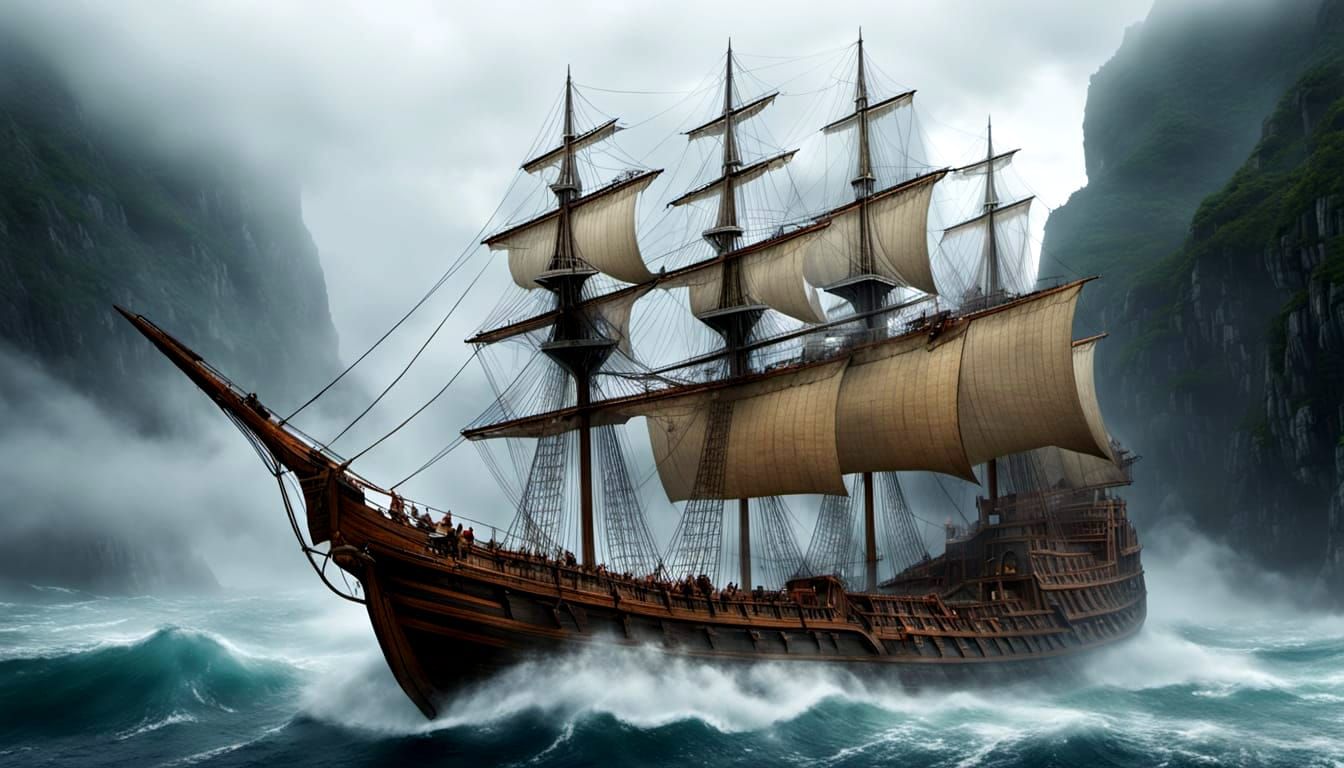 Ancient Warship Emerges from Sea Fog in Cinematic 8K Detail