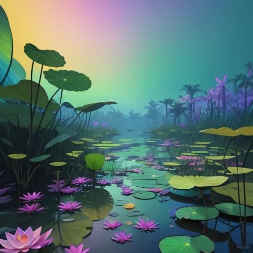 Iridescent Ammonite Alligator-Dragonfly in Bioluminescent Sw...