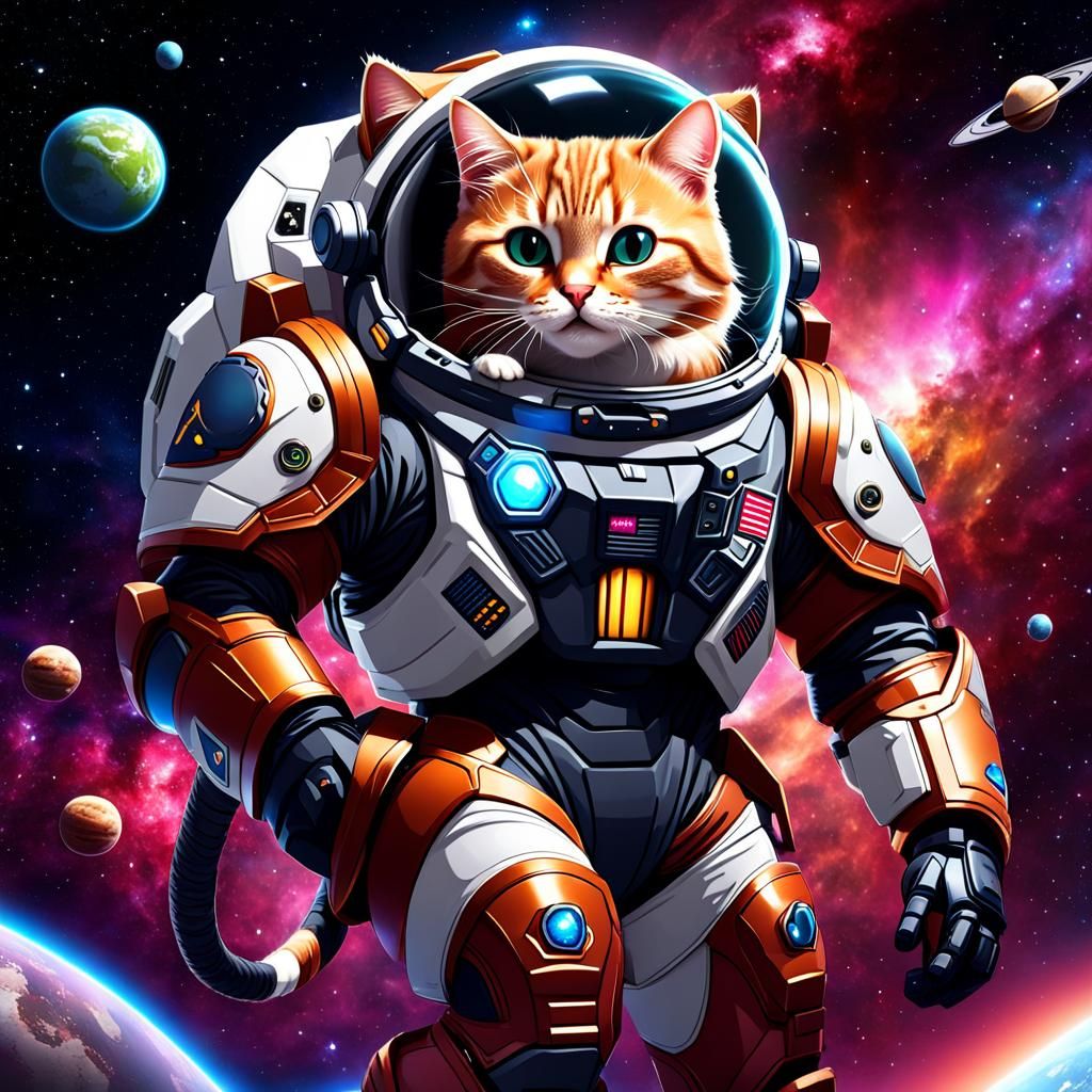 Cute Cat in Battlesuit Drifting in Space