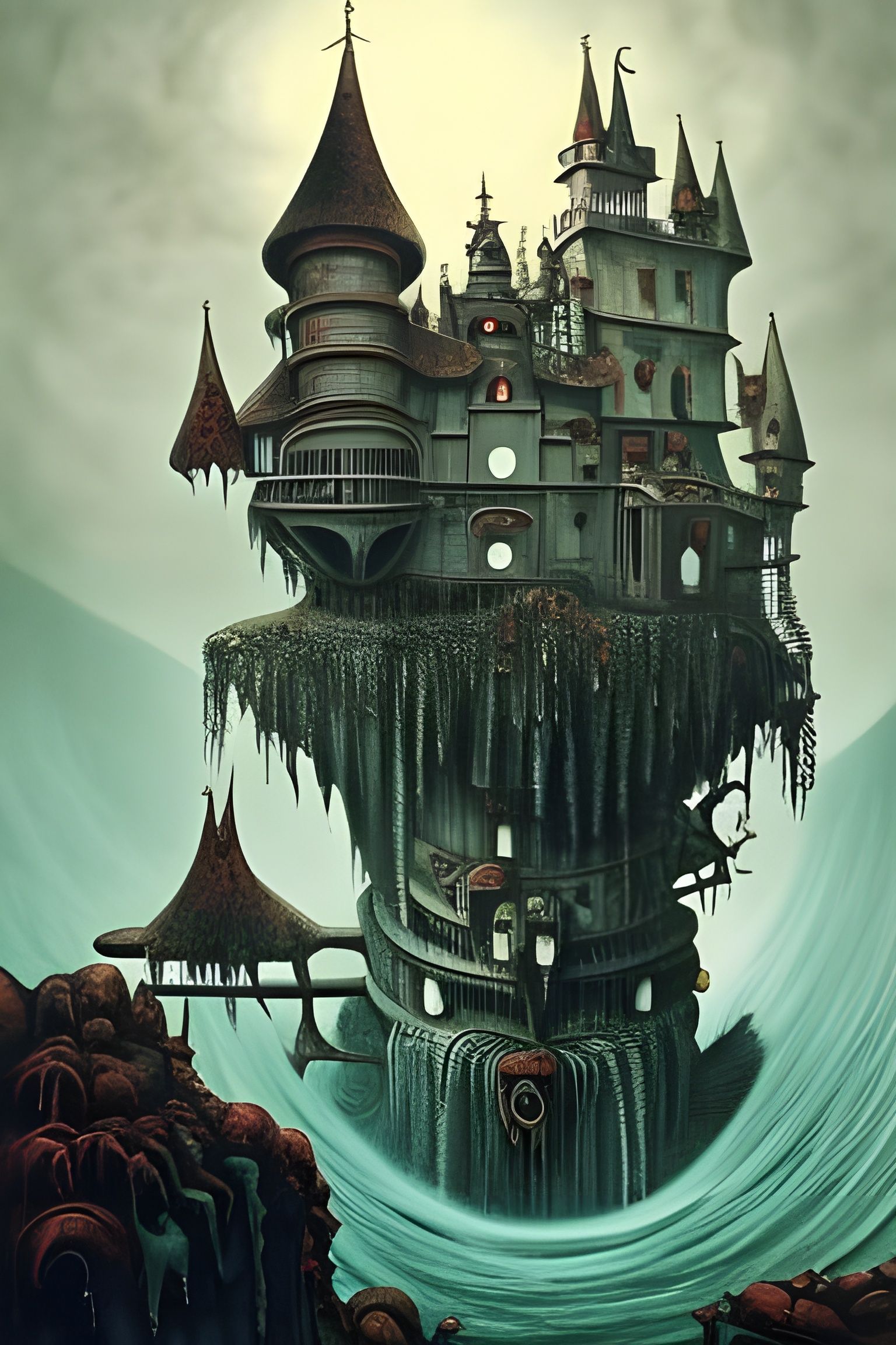 Creepy Waterfall Castle in Surrealist Style