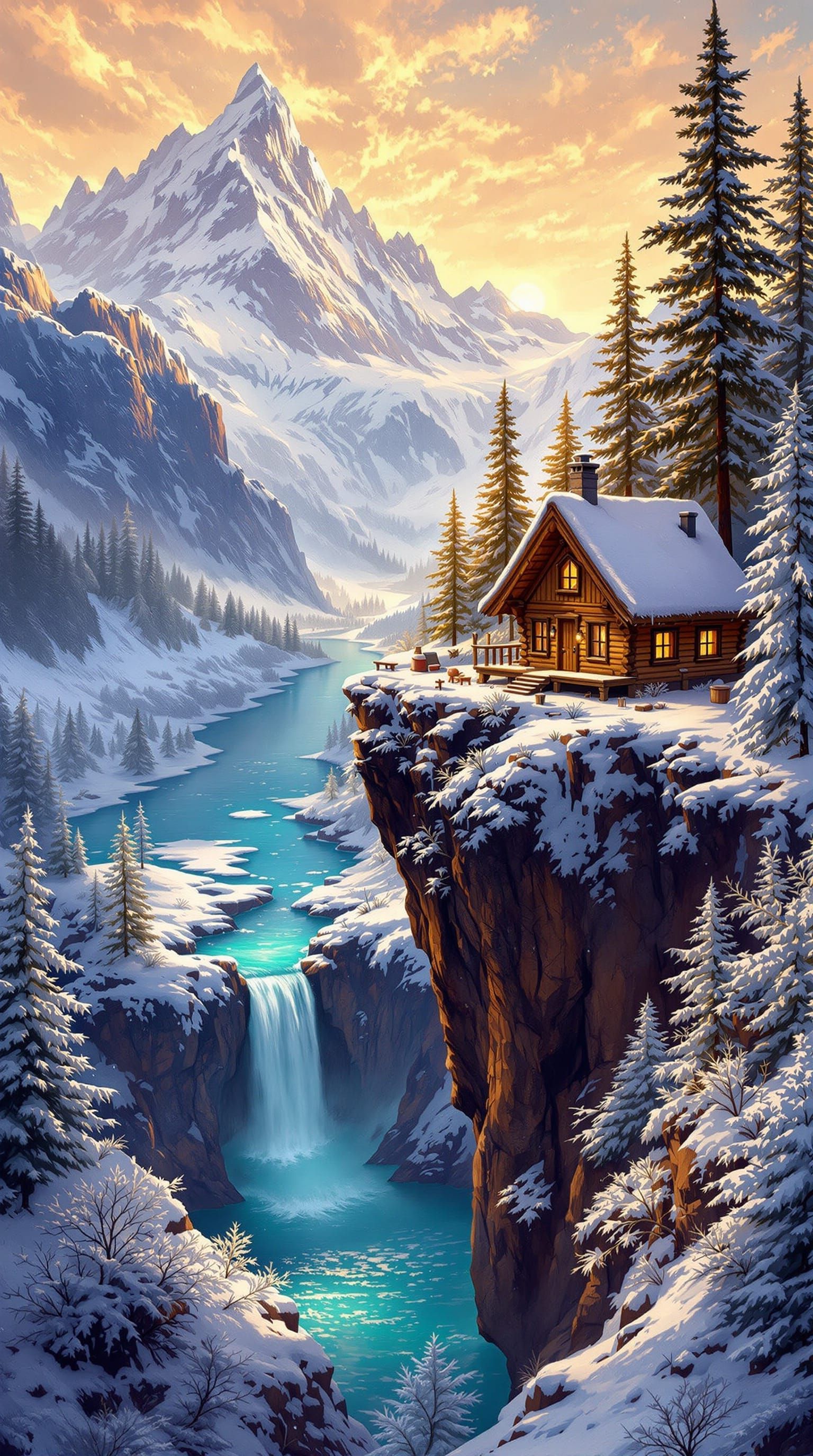 Cozy Cabin on Snowy Cliff Overlooking Turquoise River