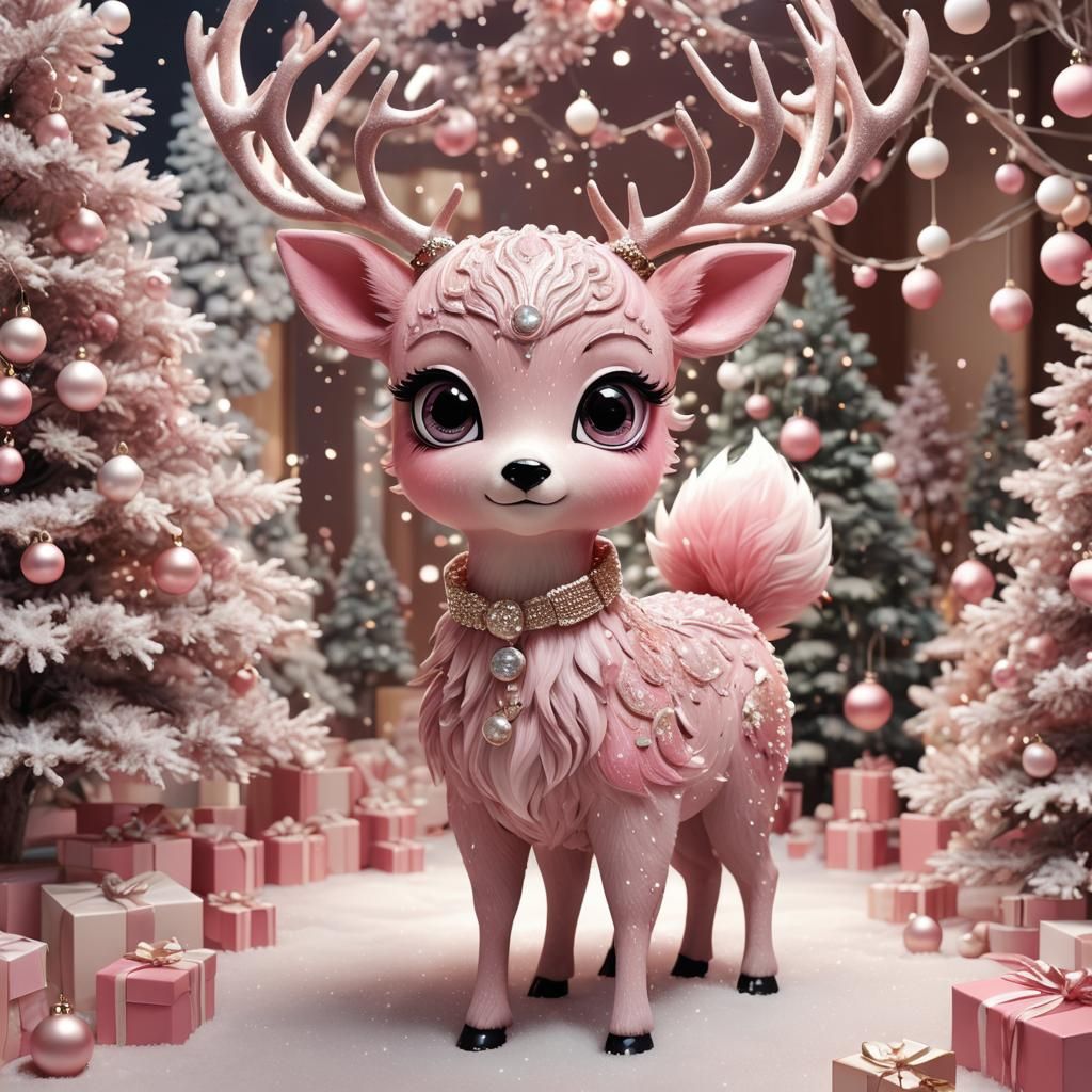 Retro Pink Deer in Japanese Christmas Style