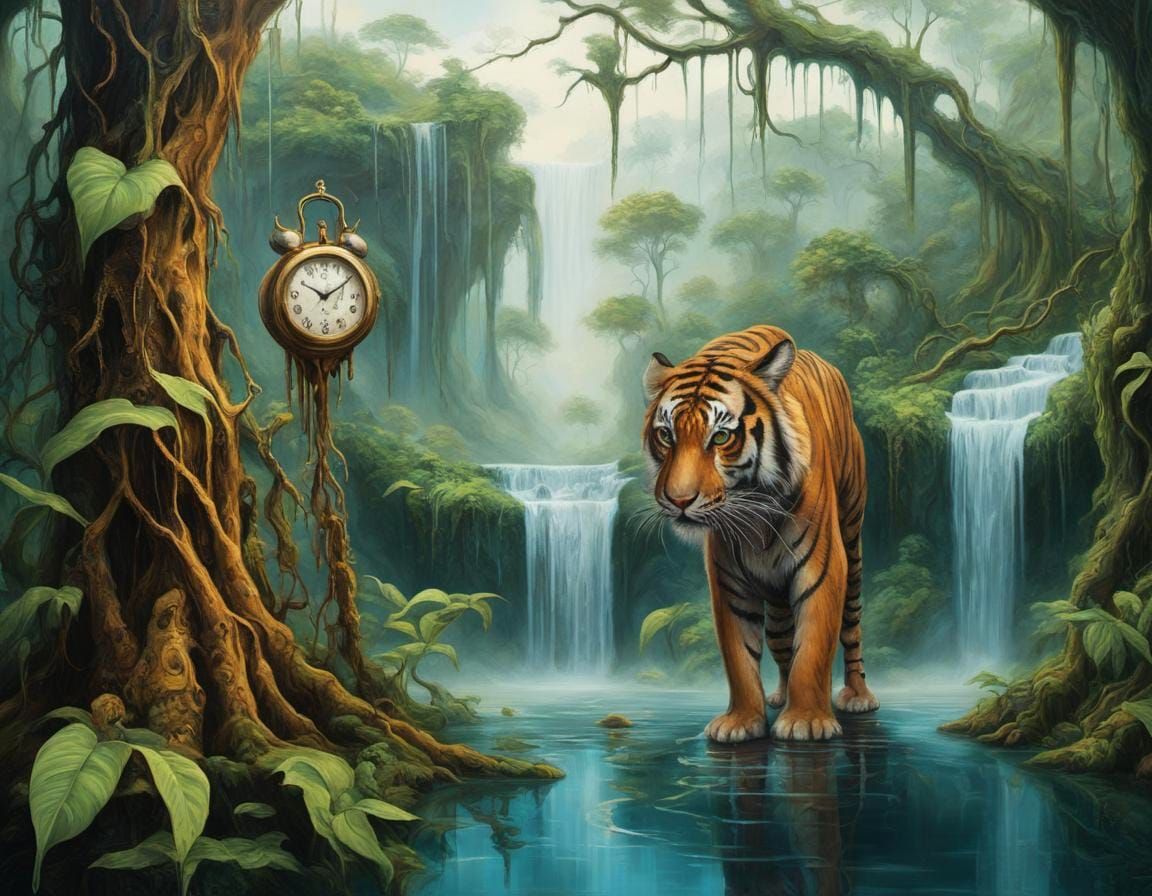 Surreal Tiger in Melting Rainforest Dreamscape