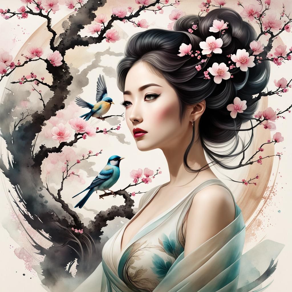 Dreamlike Goddess Double Exposure in Chinese Ink Painting