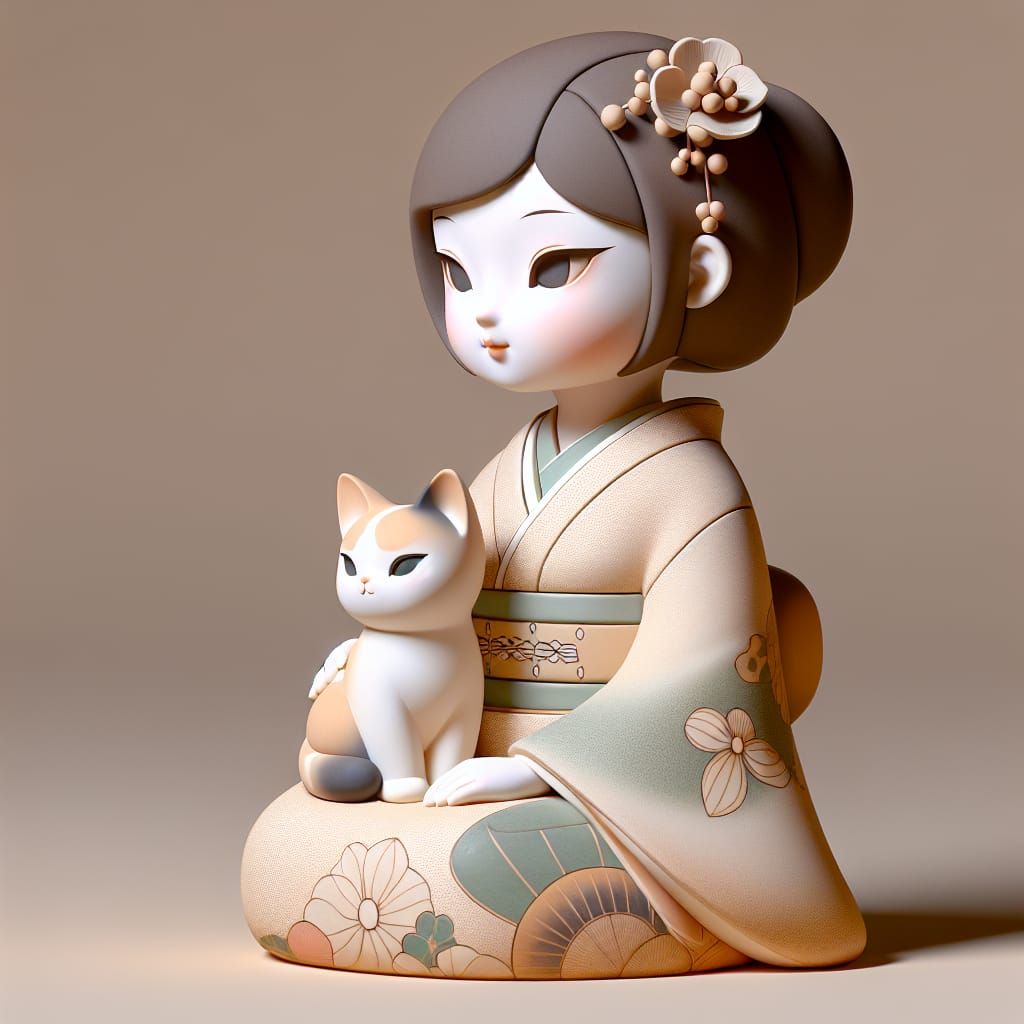 Traditional Japanese Hakata Doll with Calico Cat