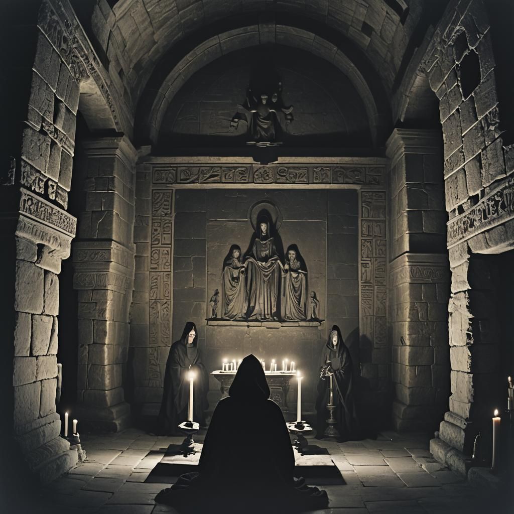 Ominous Ritual in Ornate Chamber: Cinematic Still