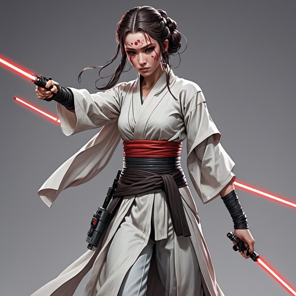 Japanese Anime-Style Female Jedi with Red Lightsaber