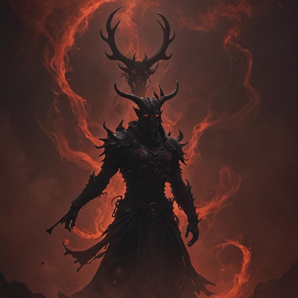 Ominous Horned Figure in Dark Fantasy Landscape