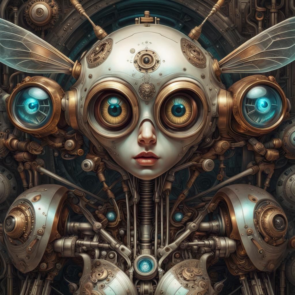 Retro-Futuristic Mechanical Being with Large Eyes