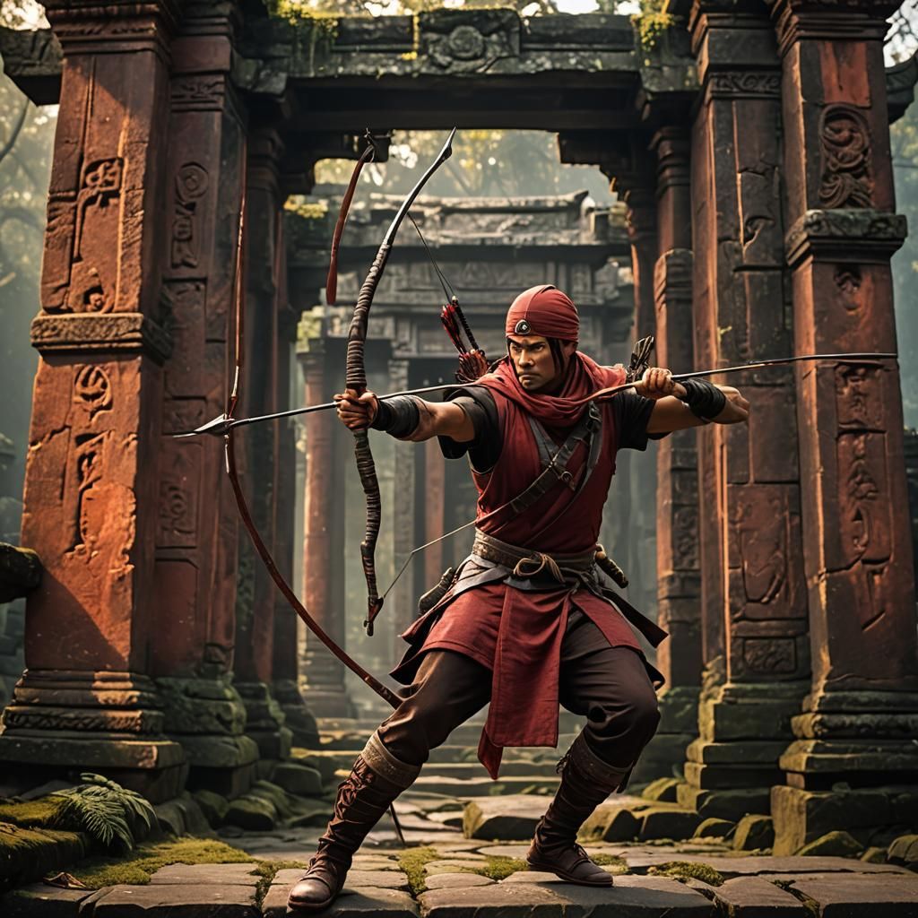 Fierce Ninja Warrior at Ancient Temple, Greg Rutkowski Style