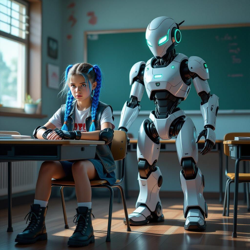Rebellious Girl with Robot in Dystopian Classroom