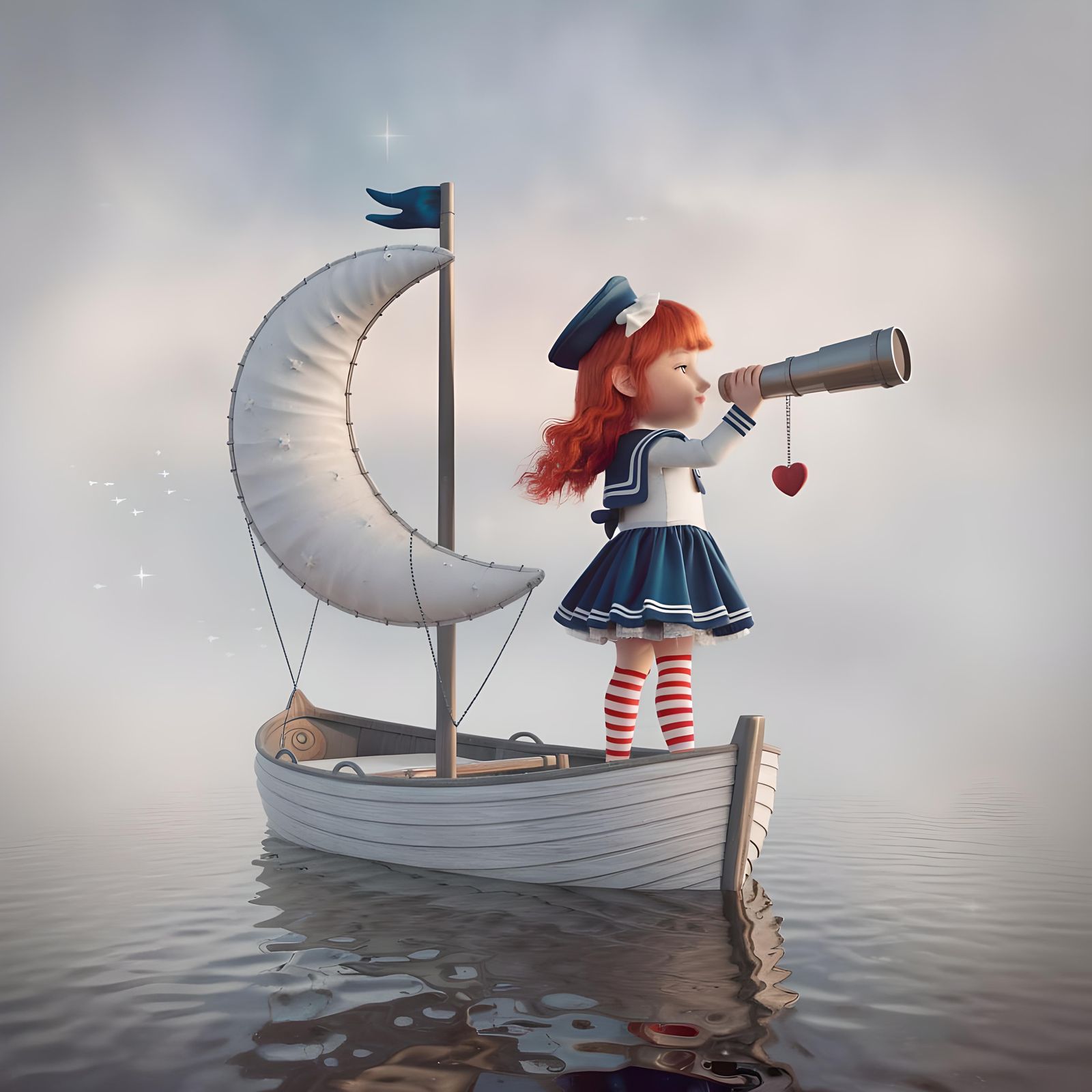Dreamy Boat Scene with Girl and Crescent Moon Sail