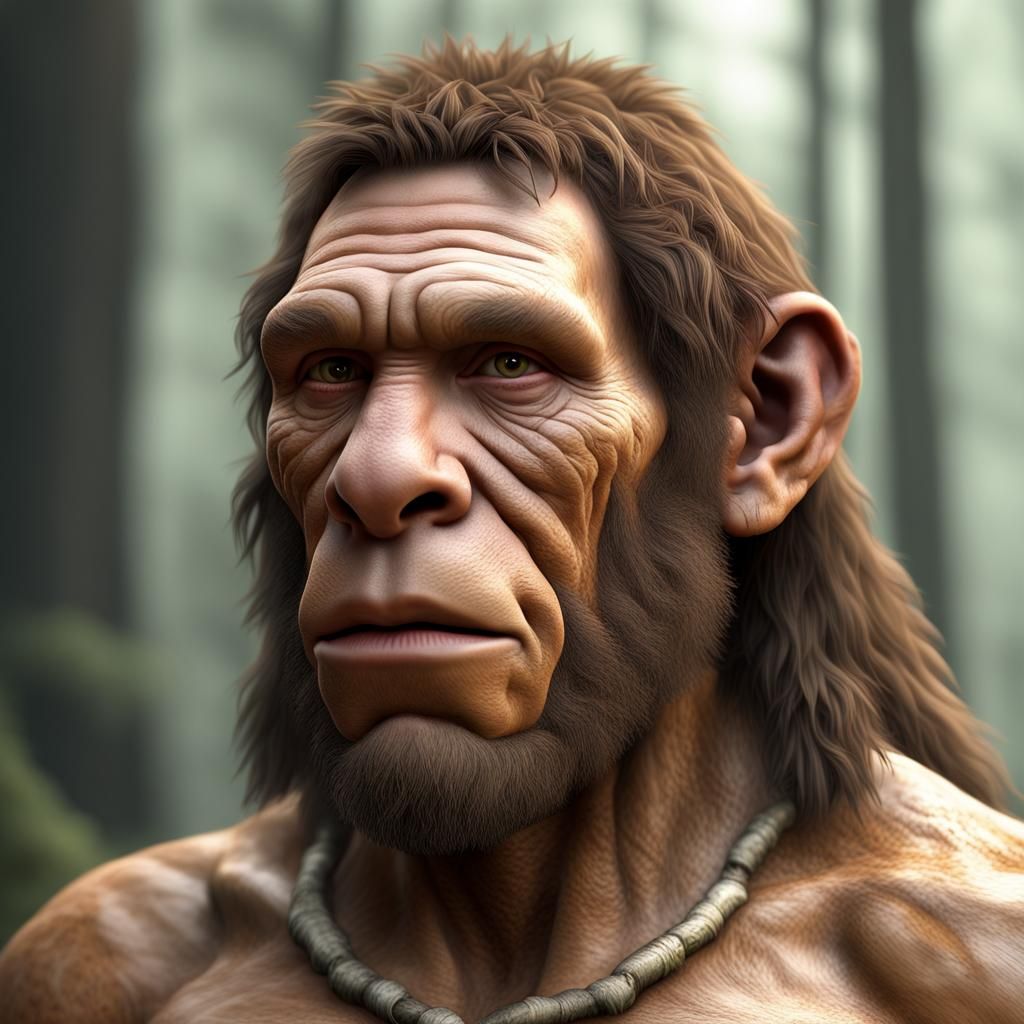 Neanderthal with Glowing Digital Ear Tag in Forest