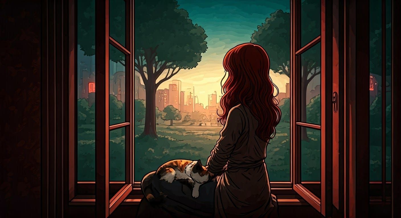 Woman Contemplating in a Park at Dusk, in a Graphic Novel-In...