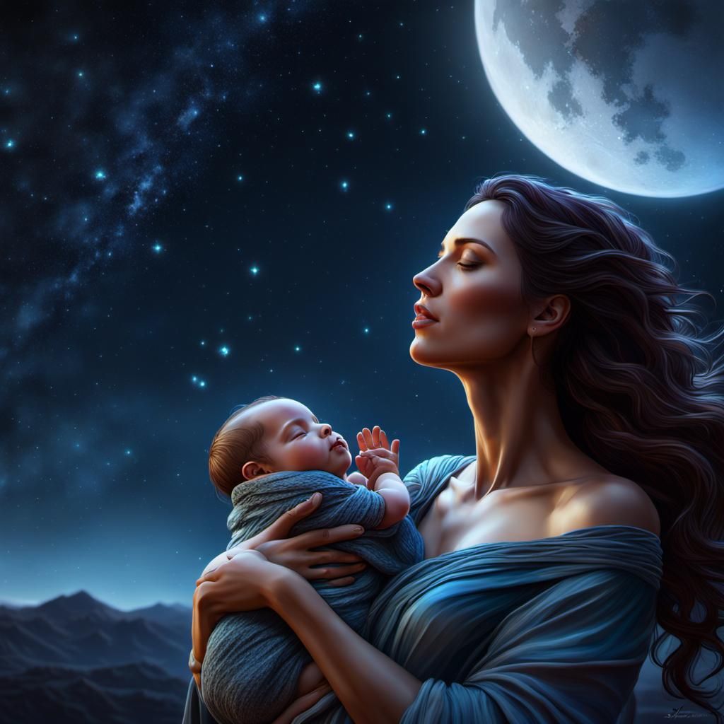 Serene Mother and Newborn Under Starlit Sky