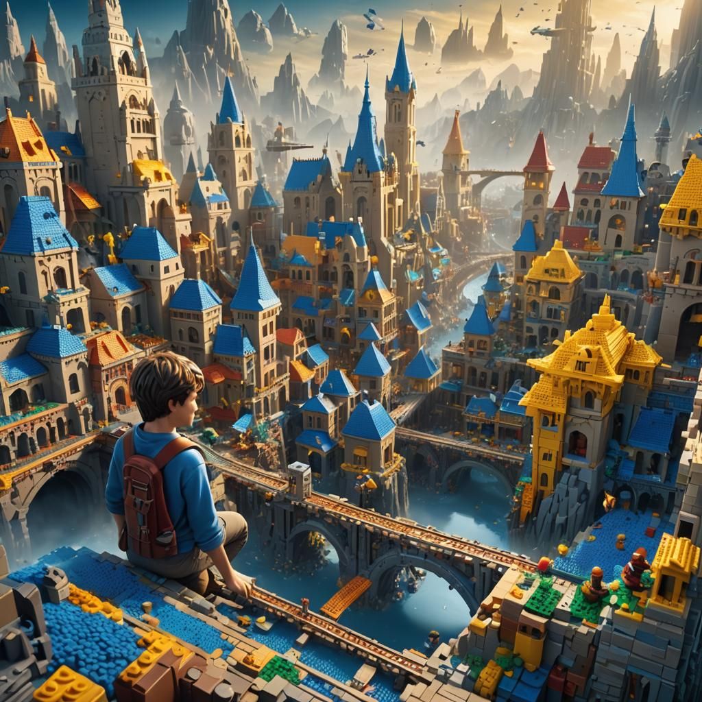 Boy Builds Lego City: Vibrant Matte Painting