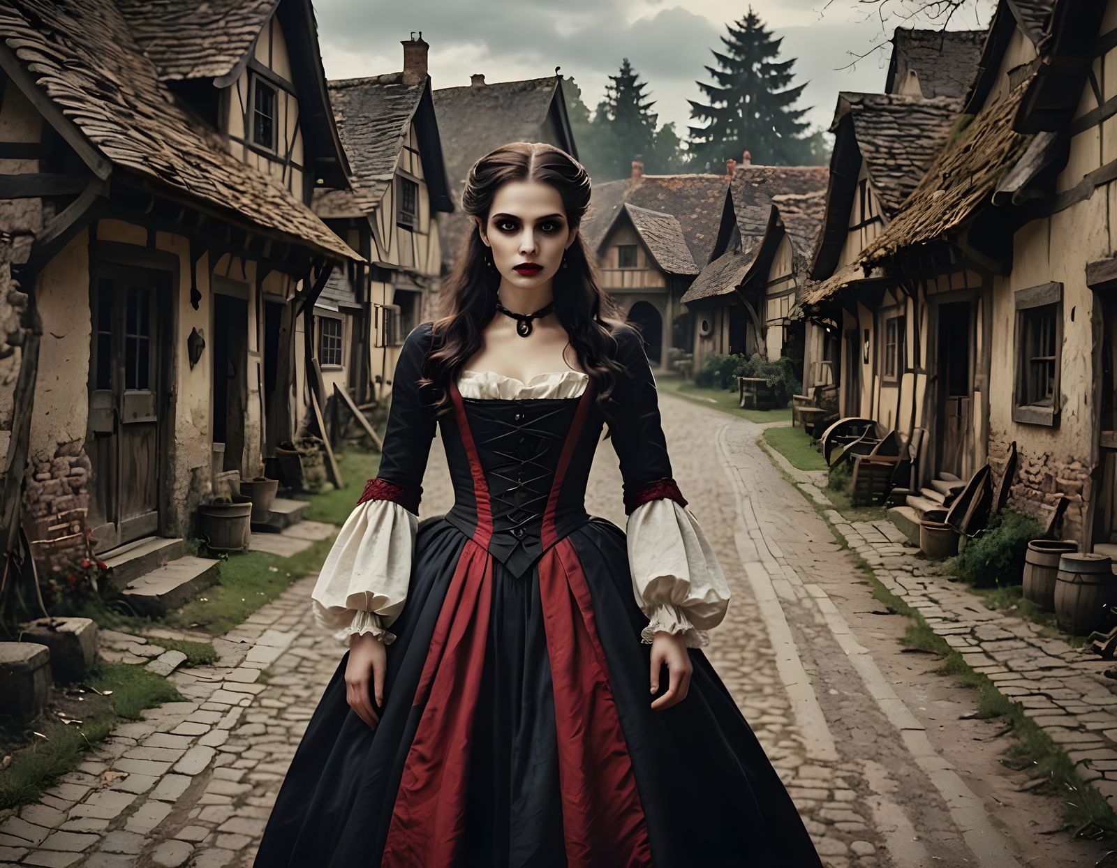 Gothic Vampire Stalks 18th Century Village at Night