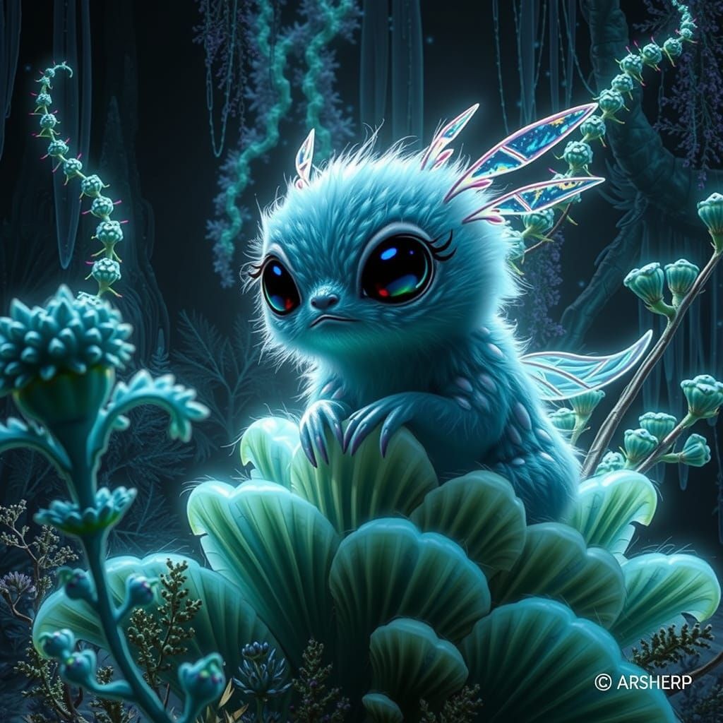Glowing, Iridescent Alien Critter Perched on Neon Plants in ...
