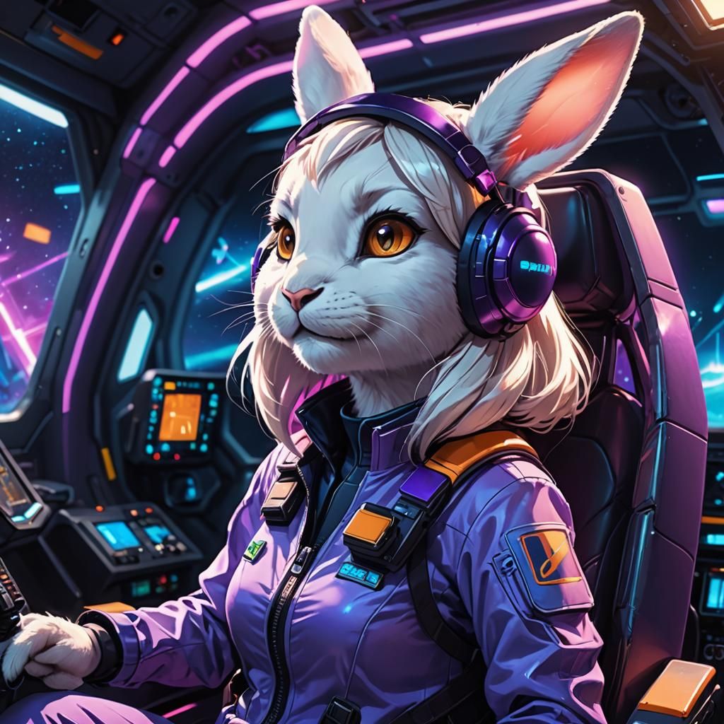 Cartoon Rabbit Pilot in Sci-Fi Cockpit
