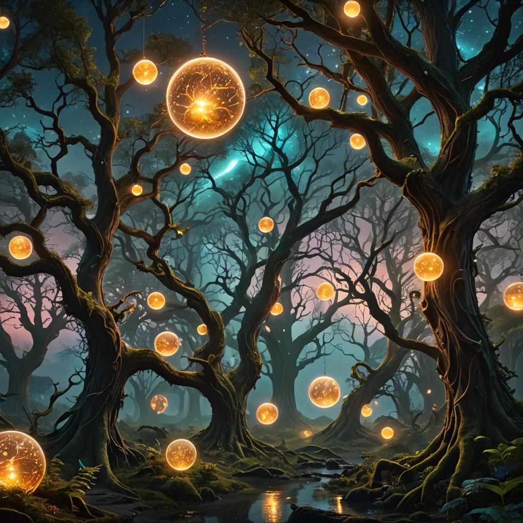 Mystical Celestial Forest with Bioluminescent Plants