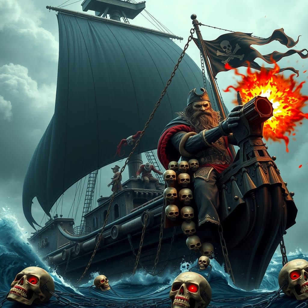 Cyberpunk Pirate Ship Plunges into Dark, Stormy Seas