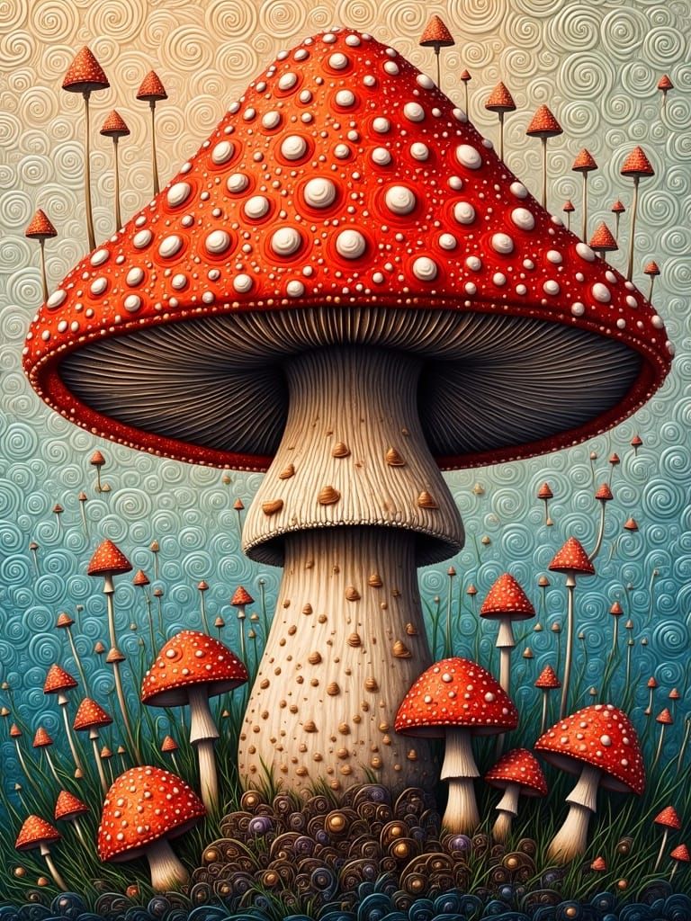 Hyperdetailed Mushroom: Oil on Canvas in Pop-Surrealist Styl...