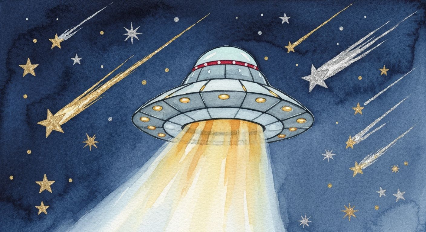 UFO Among Shooting Stars in Watercolor Style