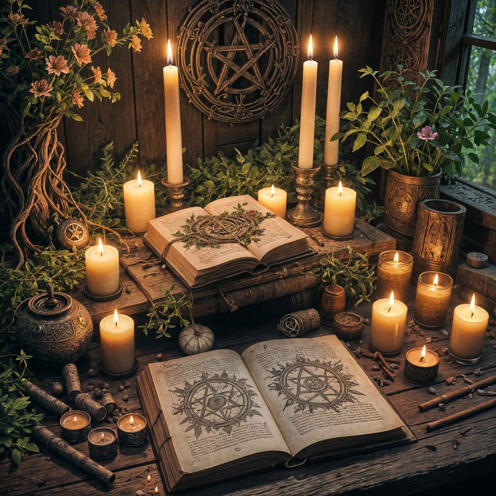 Detailed Wiccan Altar with Journal and Triple Goddess Symbol