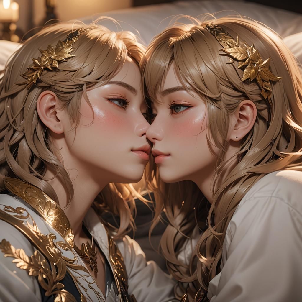 Romantic Portrait of Two Girls Kissing as 3D Anime Art