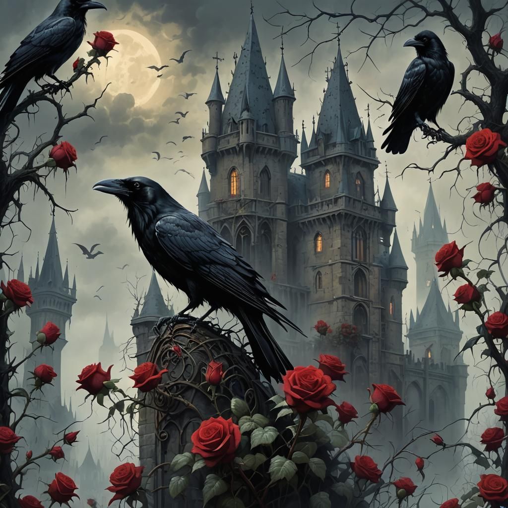 Dark Gothic Castle with Ravens and Roses