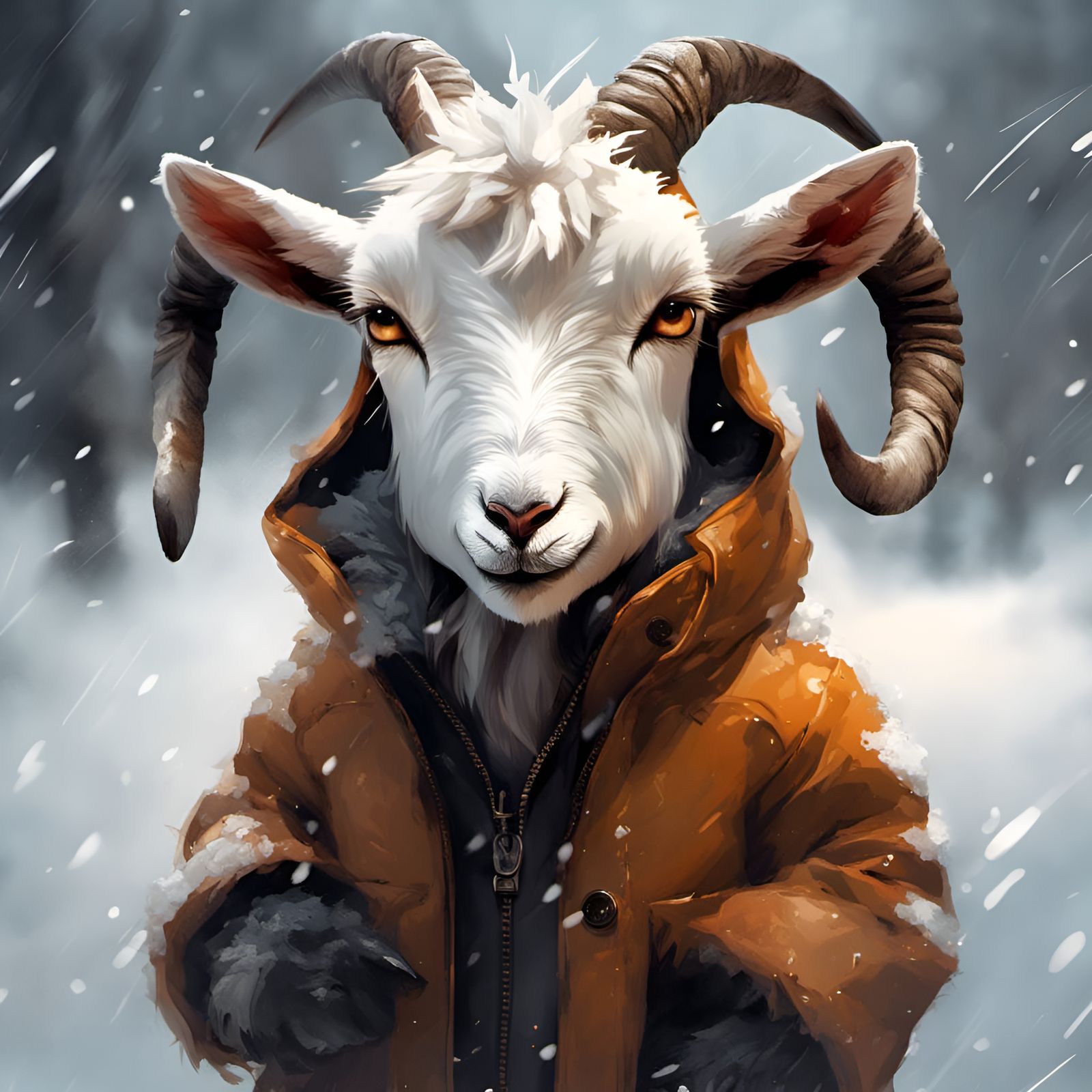 Chibi Goat in Winter Coat, Detailed Digital Art
