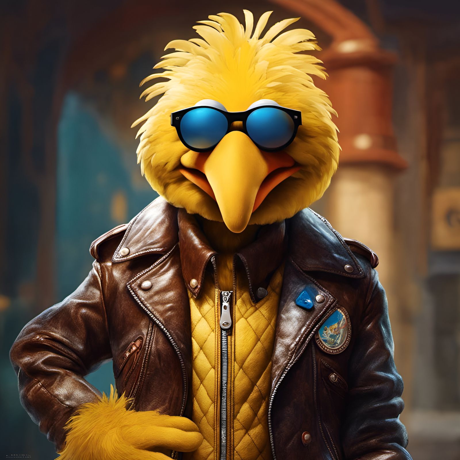 Big Bird as Biker Portrait, Digital Illustration