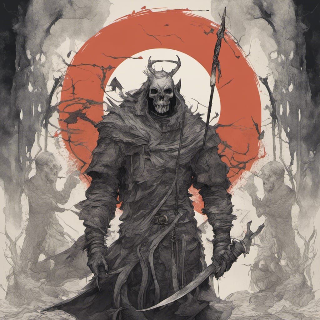 Ghostly Goat Archer Slaying God: Dark Fantasy Art