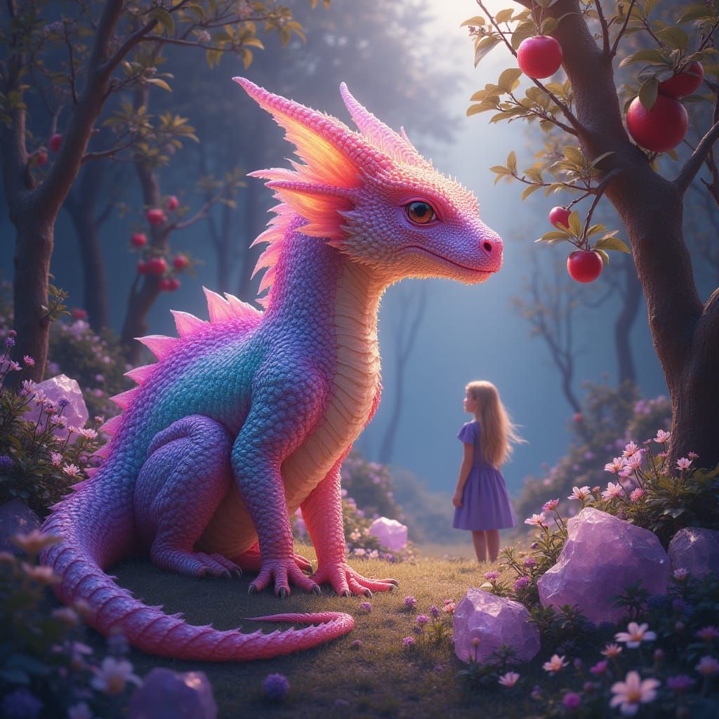 Rainbow Dragon Among Amethysts and Wildflowers