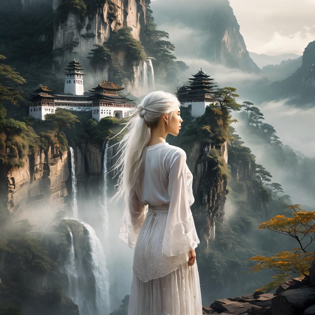 Ethereal Girl on Cliff: Double Exposure Photography