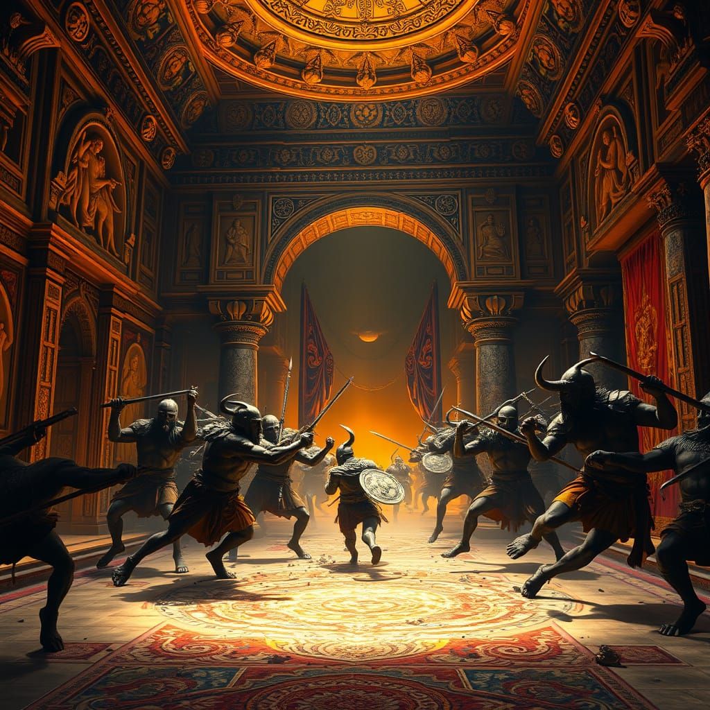 Minotaurs Storm Ancient Persian Palace: Hyperrealistic Art