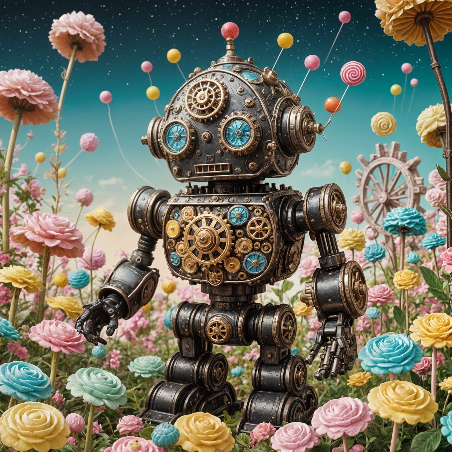 Steampunk Candy Robot Tending Gummy Flowers