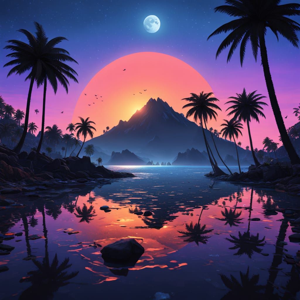 Vivid Black Silhouette of an Island Under a Neon Blue Sunset