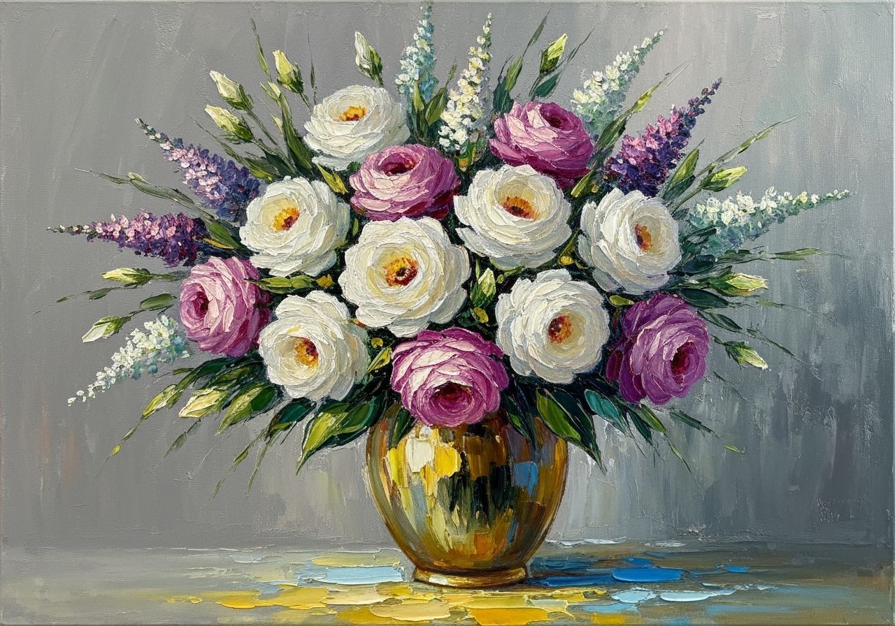 Impressionist Oil Painting of Colorful Flower Bouquet