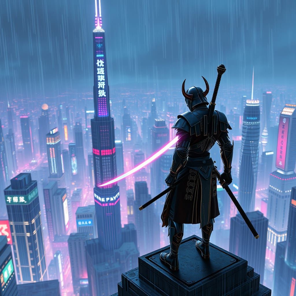 Cyberpunk Samurai Warrior Overlooking Neon Cityscape
