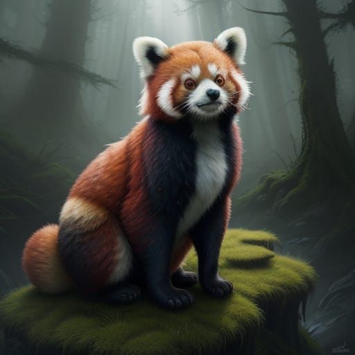 Curious Red Panda on Mossy Rock Digital Matte Painting