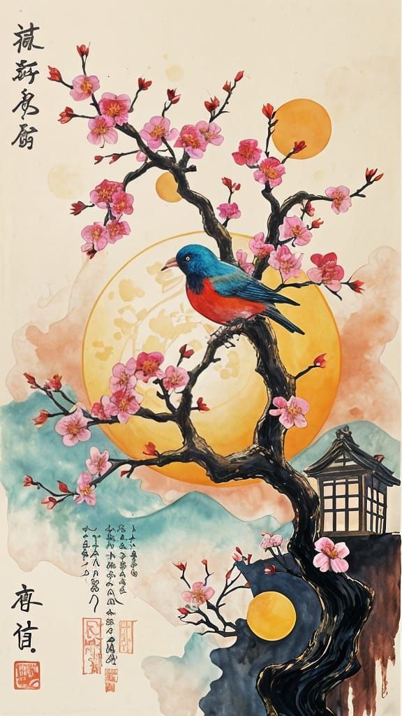Vibrant Blossom Tree Sunset Bird in Abstract Japanese Art