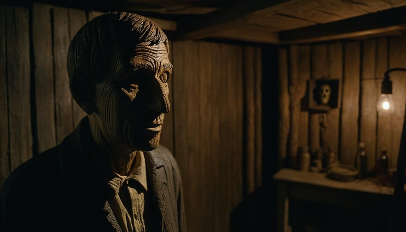 Creepy Wooden Sculpture in Dimly Lit Basement