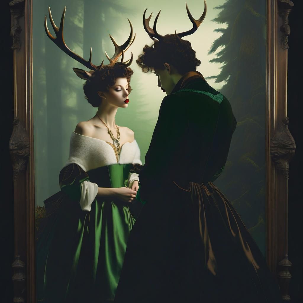 Antlered Woman's Reflection: Atmospheric Chiaroscuro Portrai...