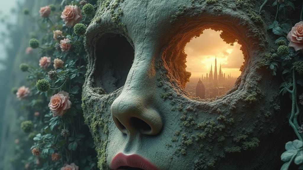 Colossal Face Sculpture Reveals Dystopian Cityscape