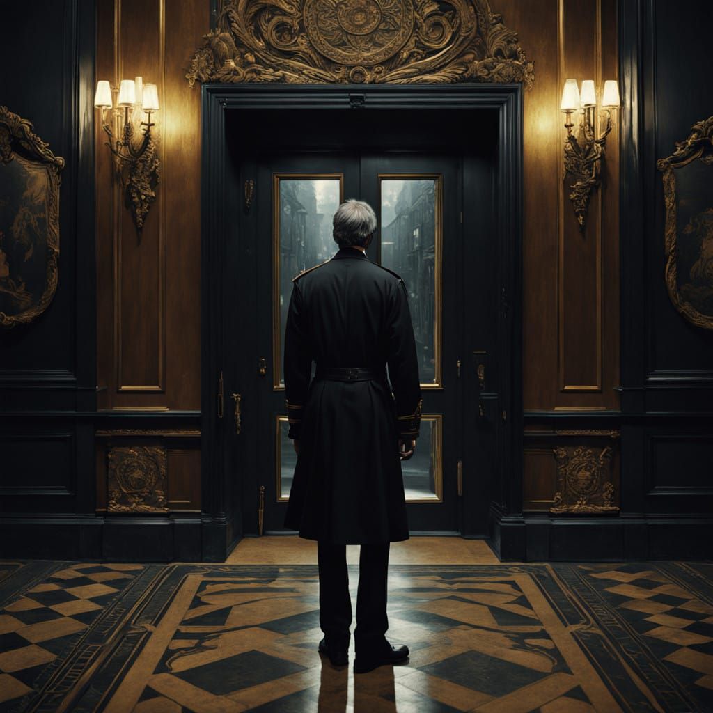 Young Guardian Stands Vigilant Before Amber Doorway