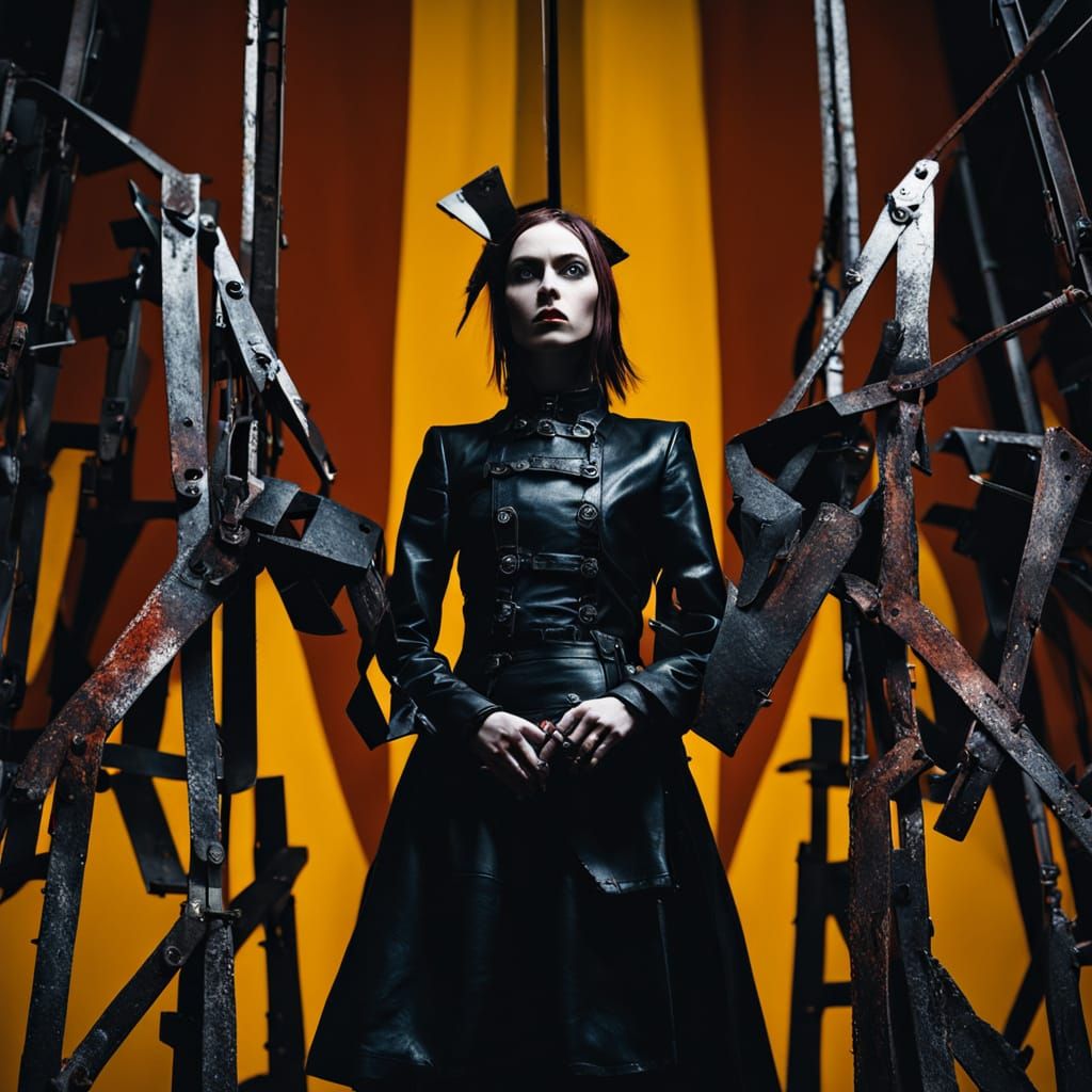 Goth Fashion Model in Vorticist Scrap Iron Sculpture