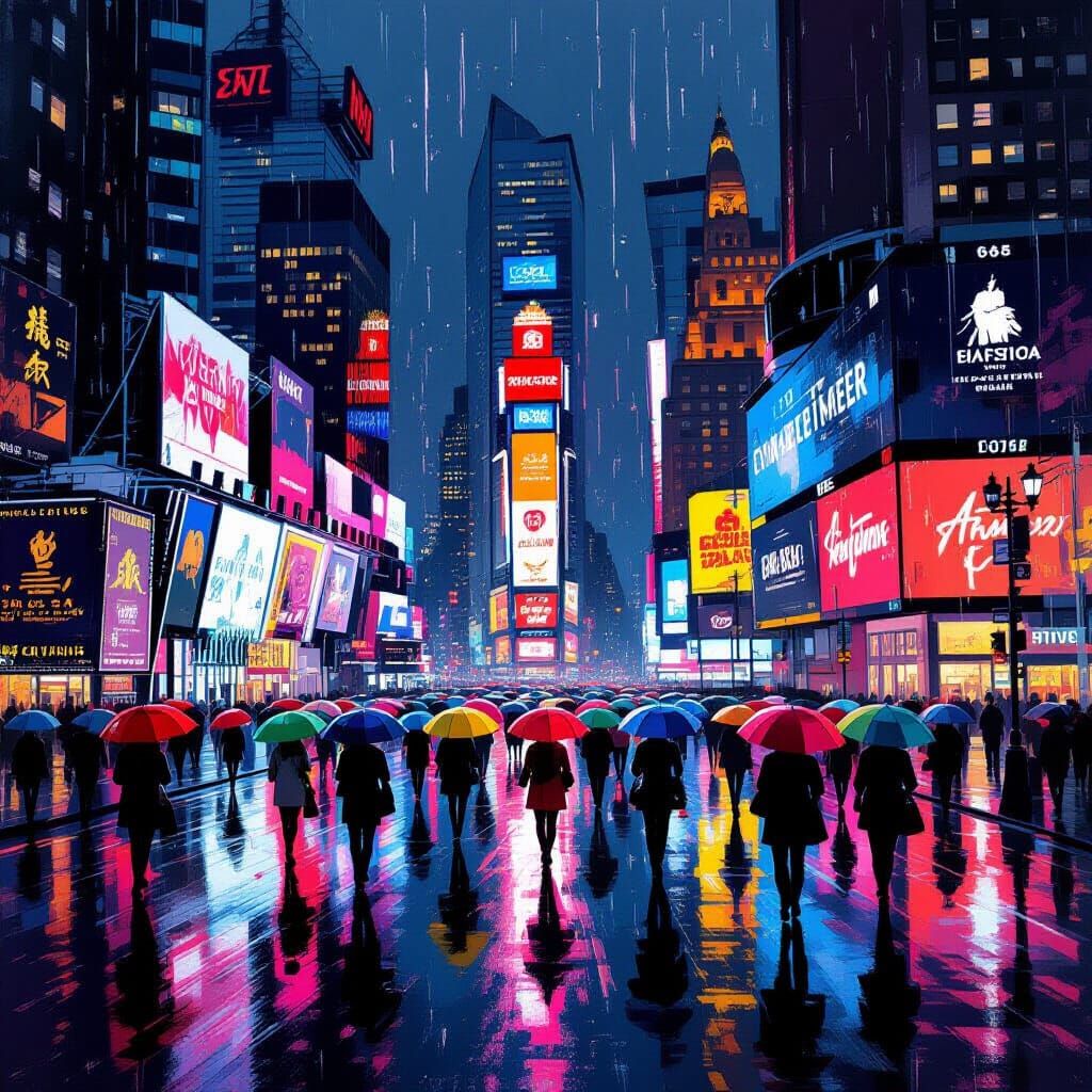 Rainy Night in Times Square in Cyberpunk Style